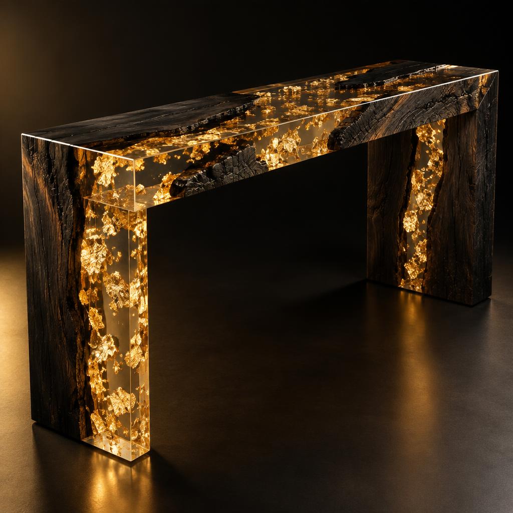 Gilded Edge — masă din Arțar carbonizat cu rășină transparentă cu foiță de aur